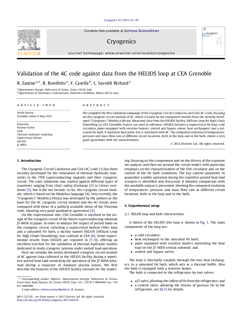 Validation of the 4C code against data from the HELIOS loop at CEA Grenoble