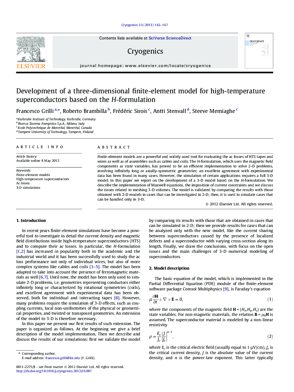 Development of a three-dimensional finite-element model for high-temperature superconductors based on the H-formulation