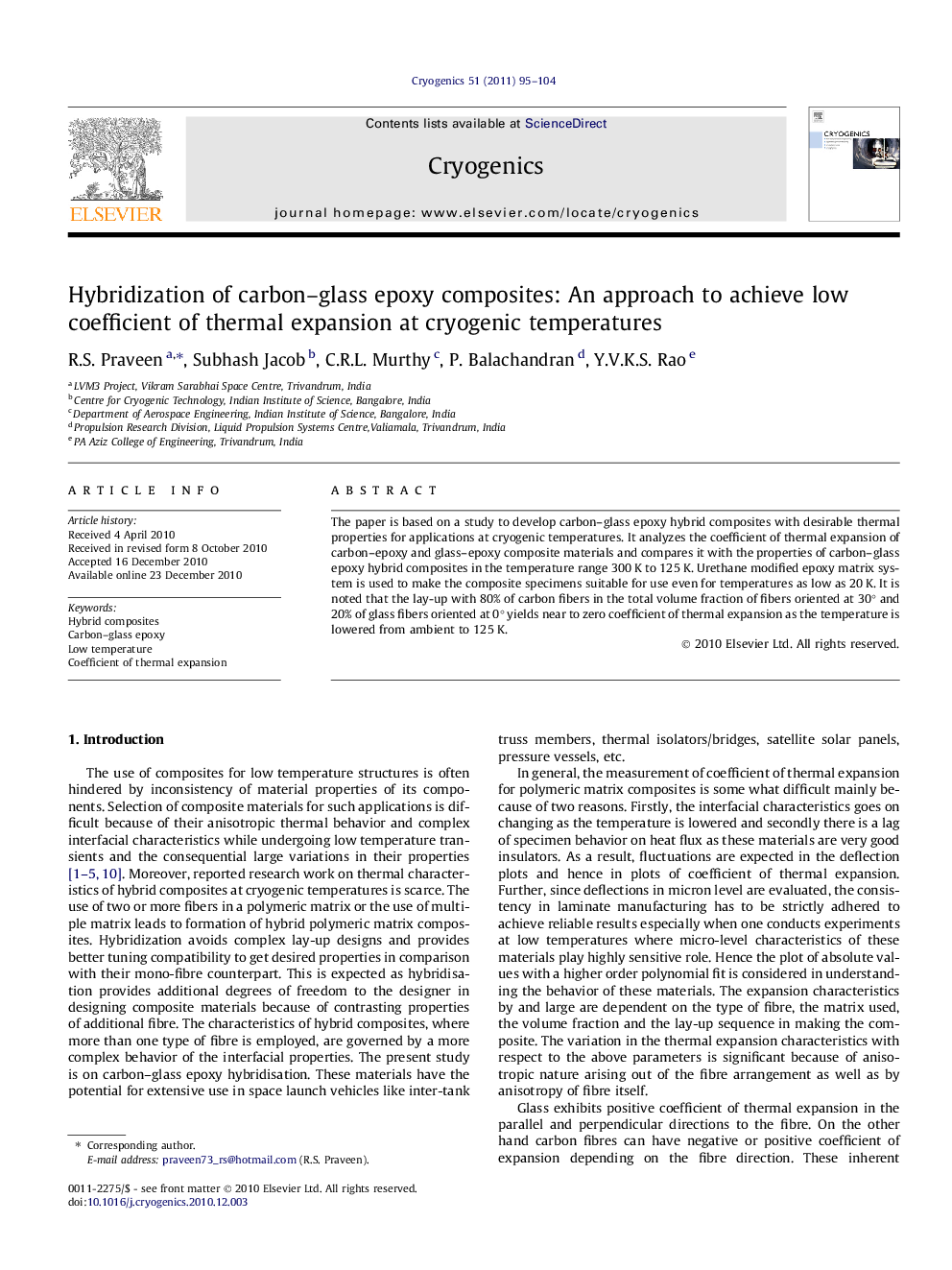 Hybridization of carbon–glass epoxy composites: An approach to achieve low coefficient of thermal expansion at cryogenic temperatures