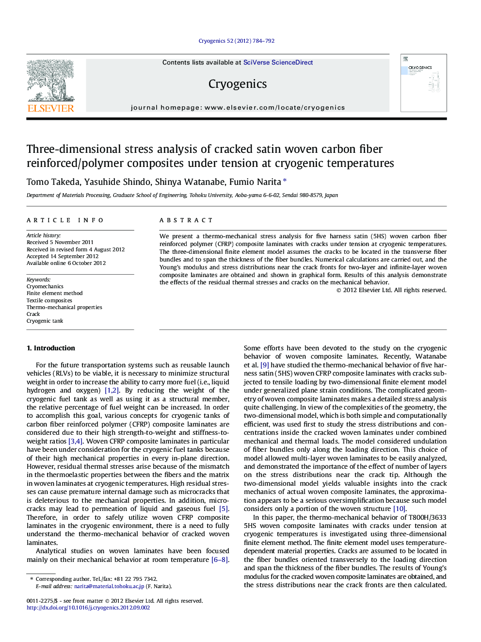 Three-dimensional stress analysis of cracked satin woven carbon fiber reinforced/polymer composites under tension at cryogenic temperatures