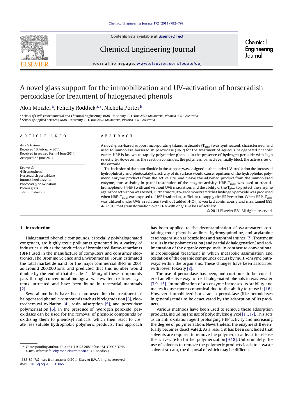 A novel glass support for the immobilization and UV-activation of horseradish peroxidase for treatment of halogenated phenols