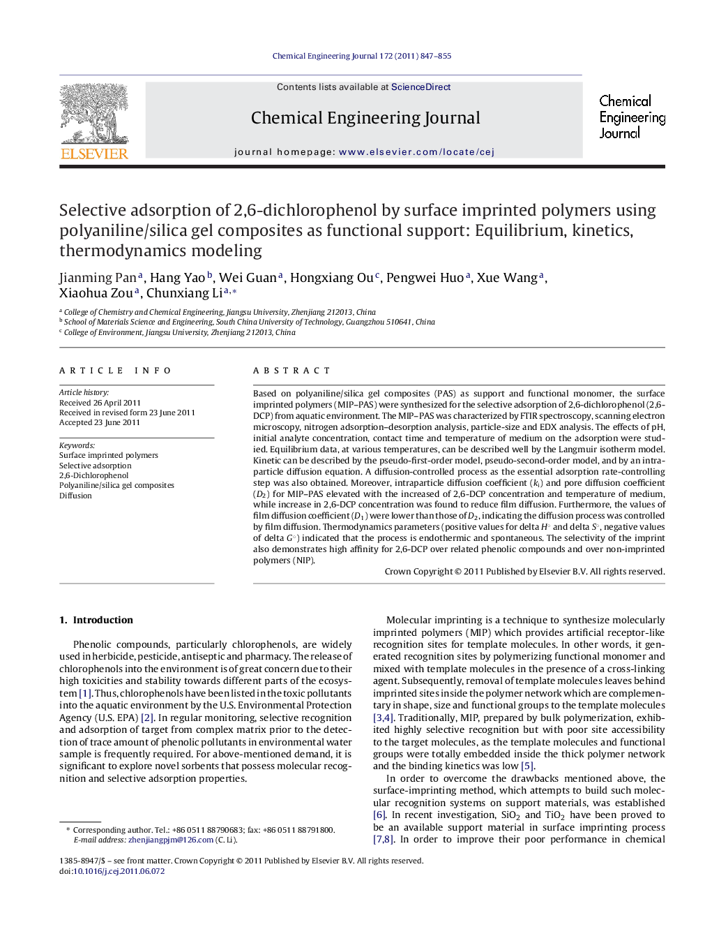 Selective adsorption of 2,6-dichlorophenol by surface imprinted polymers using polyaniline/silica gel composites as functional support: Equilibrium, kinetics, thermodynamics modeling