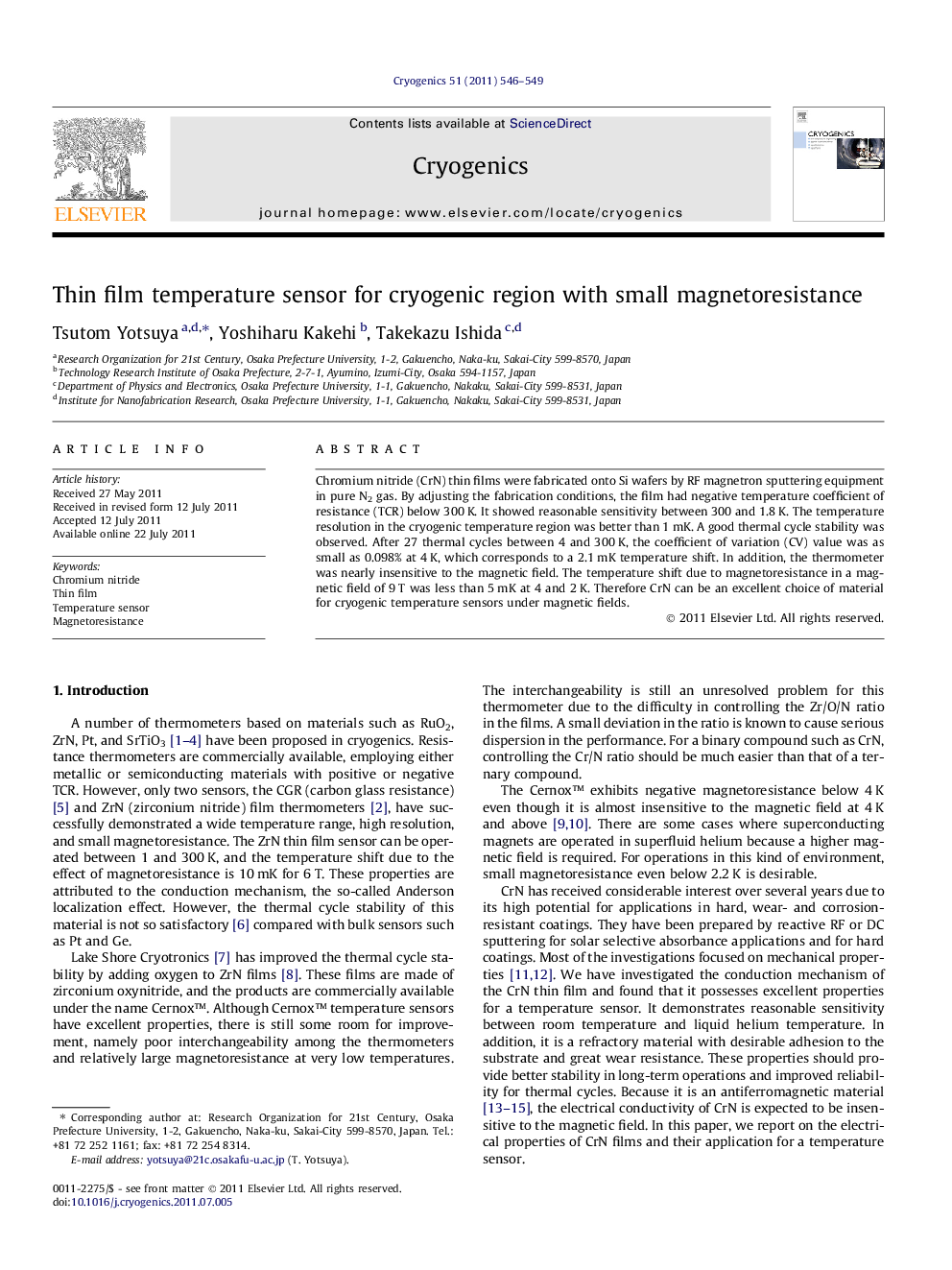 Thin film temperature sensor for cryogenic region with small magnetoresistance