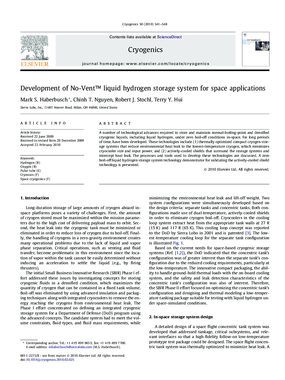 Development of No-Ventâ¢ liquid hydrogen storage system for space applications