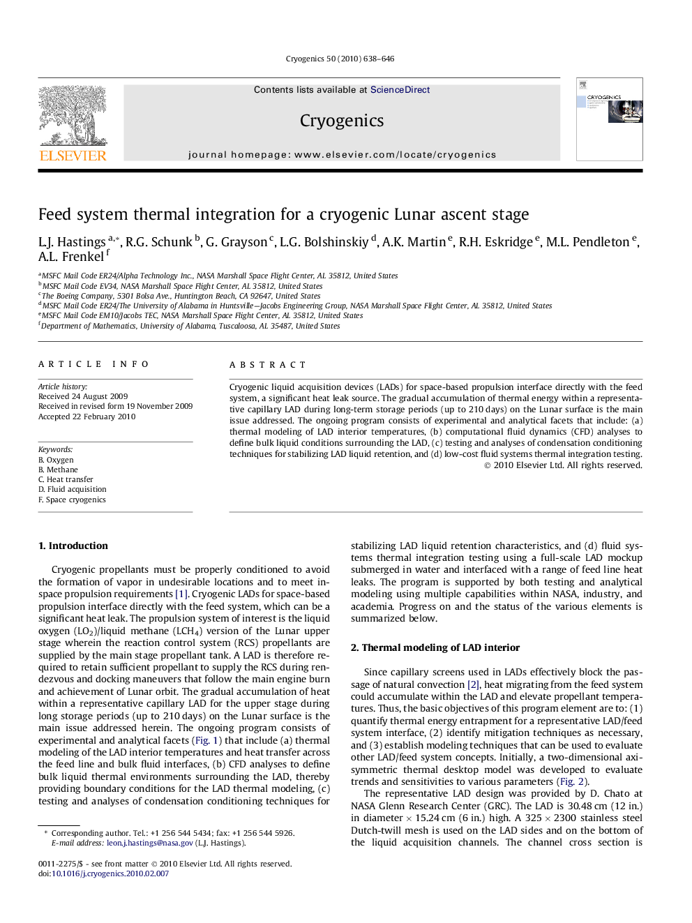 Feed system thermal integration for a cryogenic Lunar ascent stage