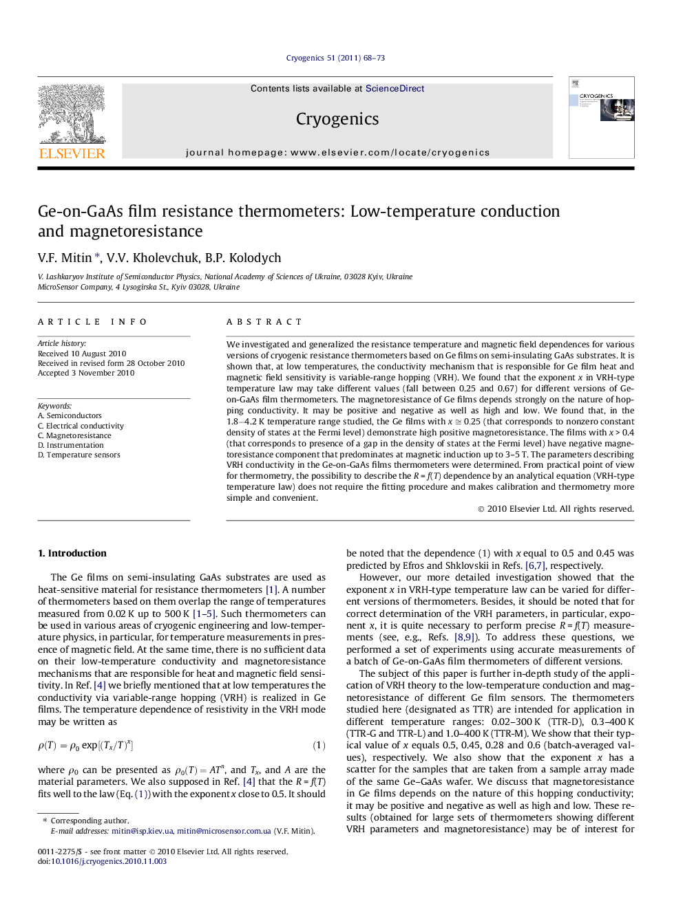 Ge-on-GaAs film resistance thermometers: Low-temperature conduction and magnetoresistance