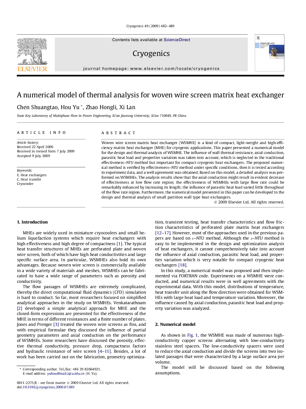 A numerical model of thermal analysis for woven wire screen matrix heat exchanger