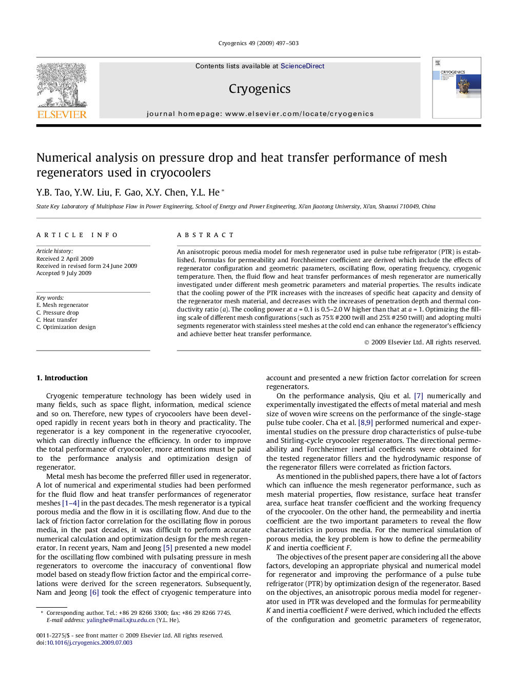 Numerical analysis on pressure drop and heat transfer performance of mesh regenerators used in cryocoolers