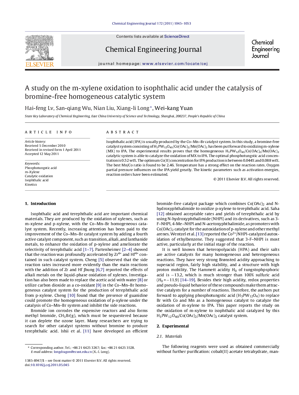 A study on the m-xylene oxidation to isophthalic acid under the catalysis of bromine-free homogeneous catalytic system