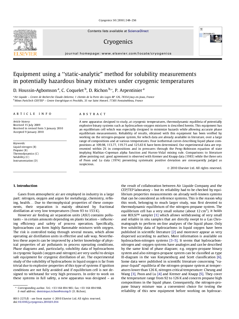 Equipment using a “static-analytic” method for solubility measurements in potentially hazardous binary mixtures under cryogenic temperatures