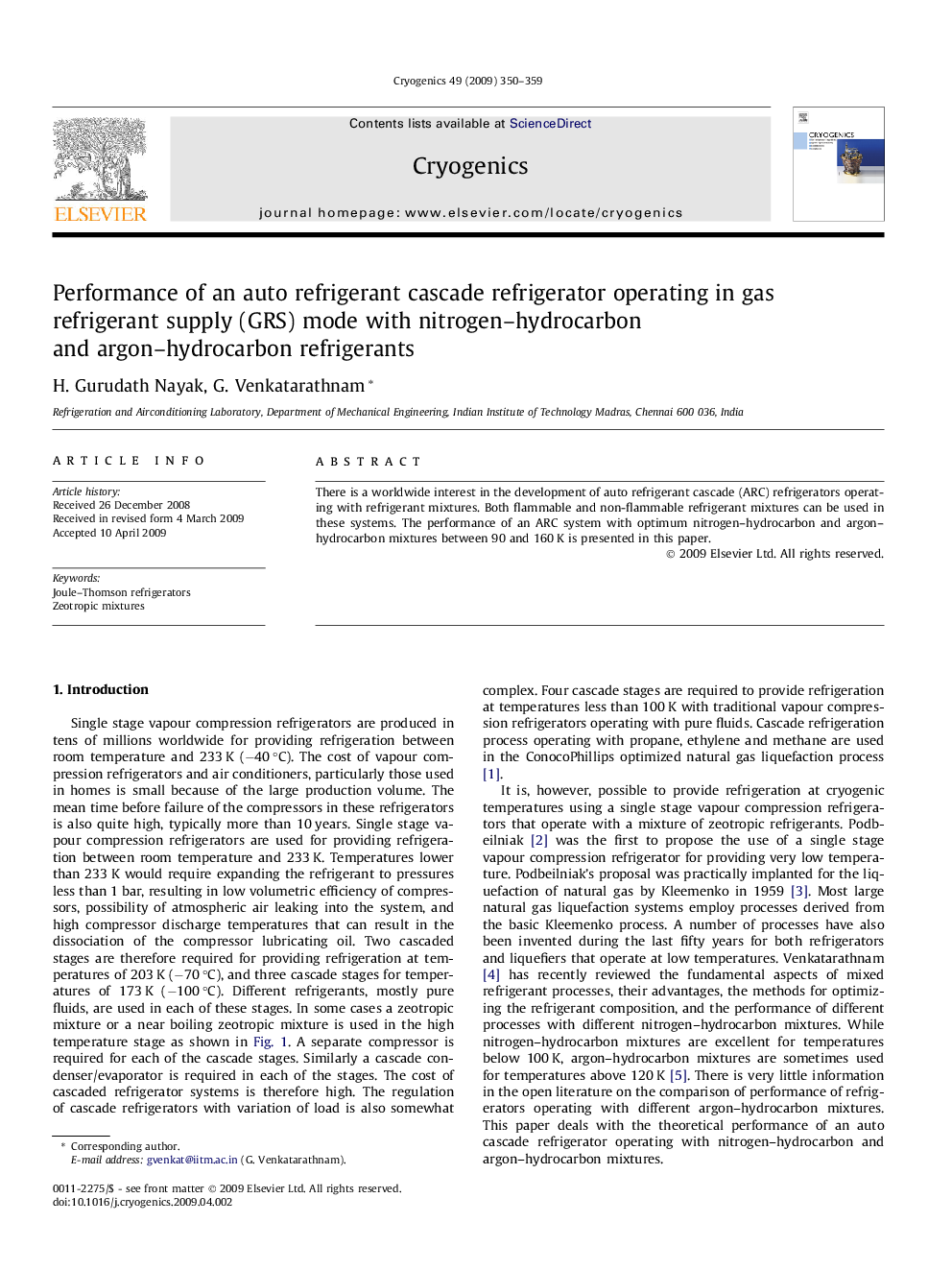 Performance of an auto refrigerant cascade refrigerator operating in gas refrigerant supply (GRS) mode with nitrogen–hydrocarbon and argon–hydrocarbon refrigerants