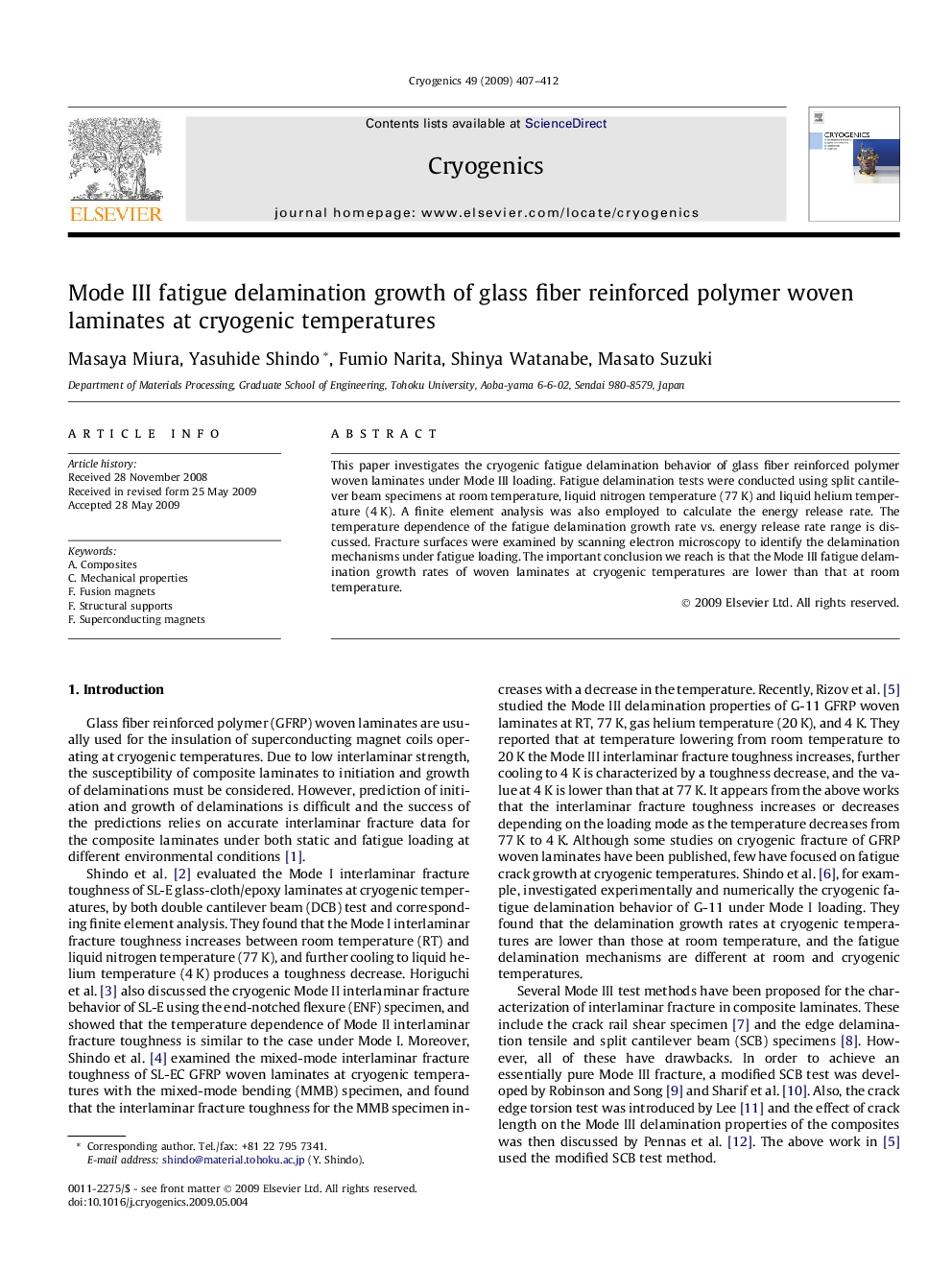 Mode III fatigue delamination growth of glass fiber reinforced polymer woven laminates at cryogenic temperatures