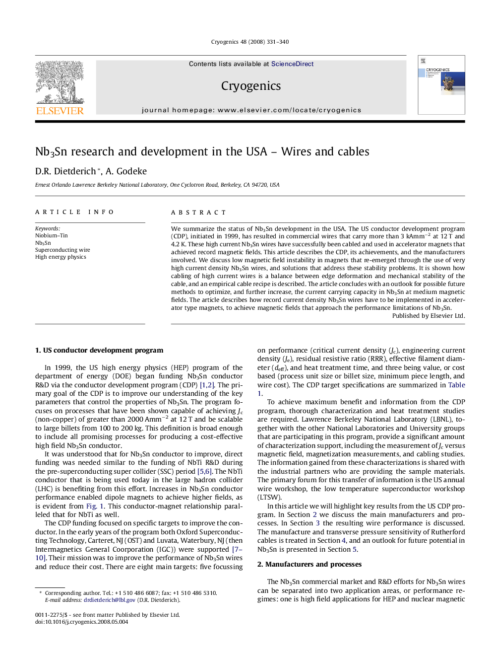 Nb3Sn research and development in the USA – Wires and cables