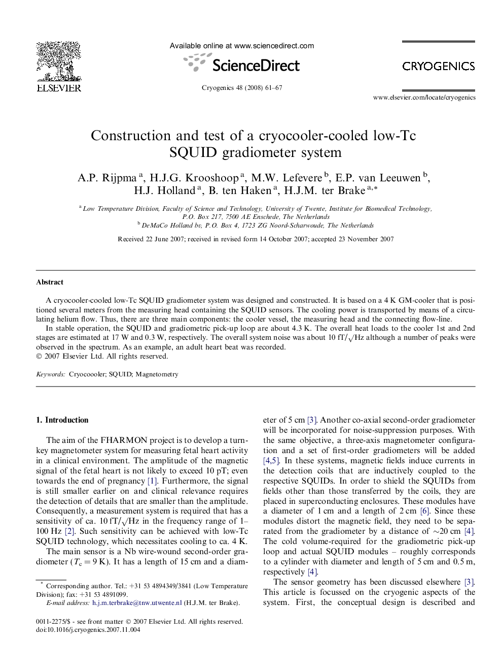 Construction and test of a cryocooler-cooled low-Tc SQUID gradiometer system