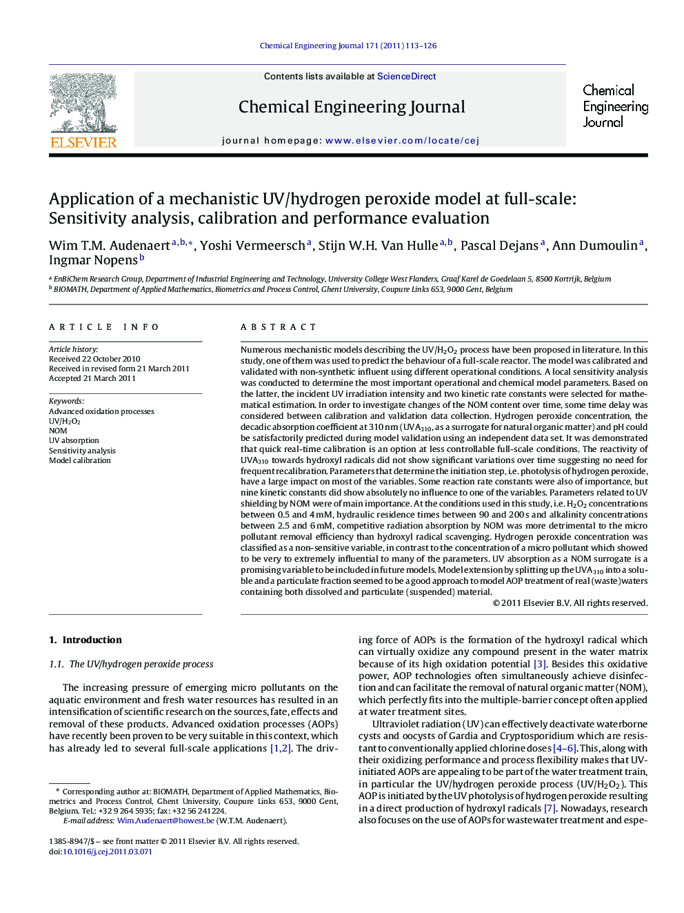 Application of a mechanistic UV/hydrogen peroxide model at full-scale: Sensitivity analysis, calibration and performance evaluation