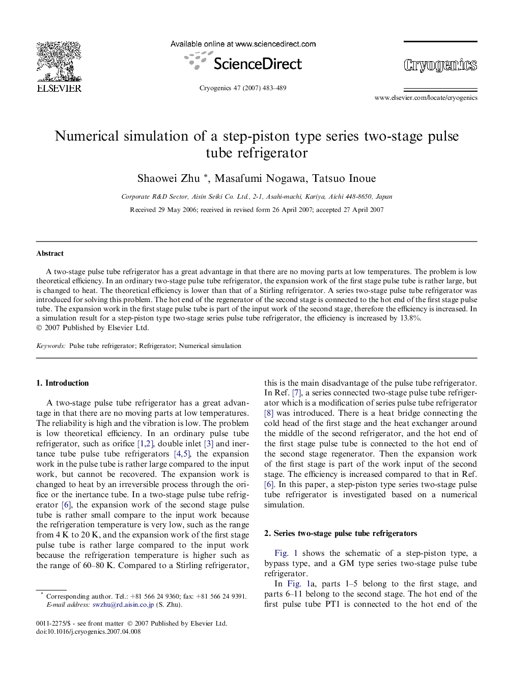 Numerical simulation of a step-piston type series two-stage pulse tube refrigerator