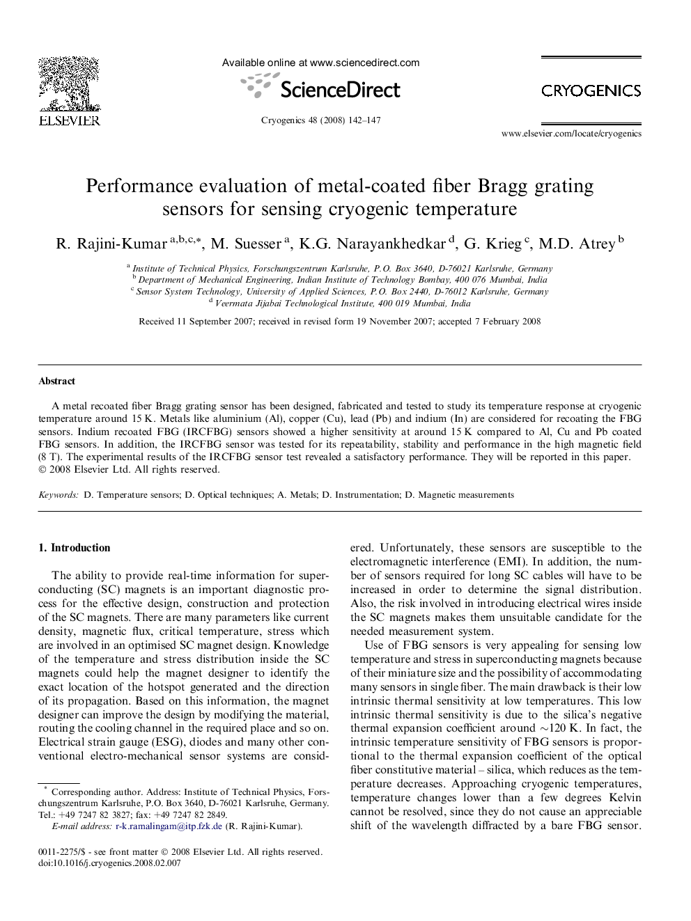 Performance evaluation of metal-coated fiber Bragg grating sensors for sensing cryogenic temperature