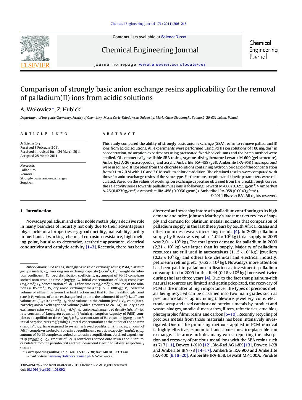 Comparison of strongly basic anion exchange resins applicability for the removal of palladium(II) ions from acidic solutions