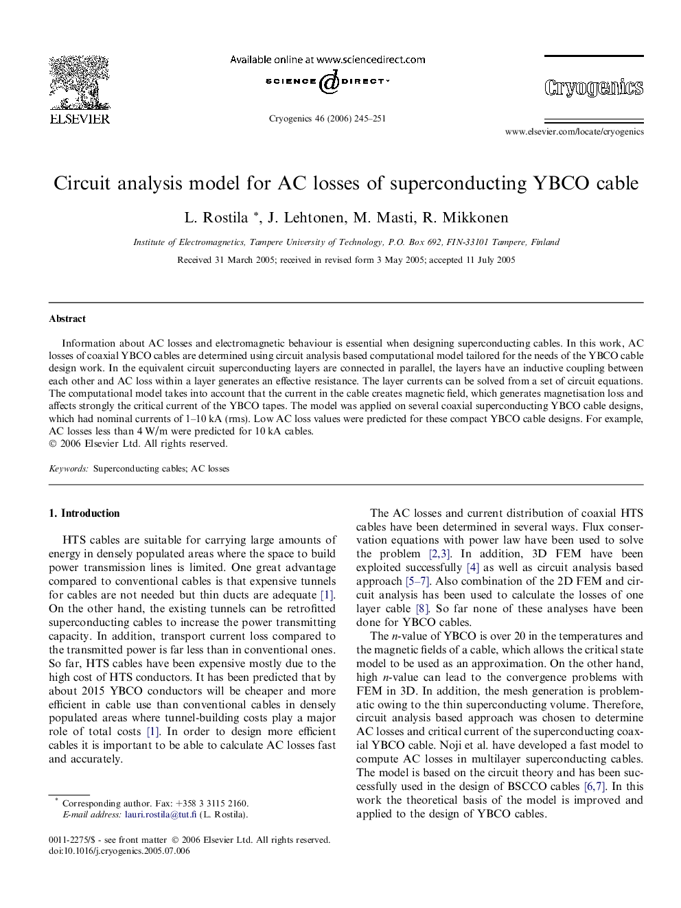 Circuit analysis model for AC losses of superconducting YBCO cable