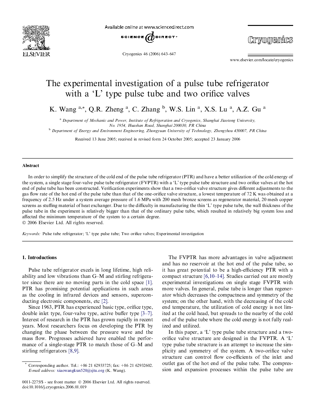 The experimental investigation of a pulse tube refrigerator with a ‘L’ type pulse tube and two orifice valves