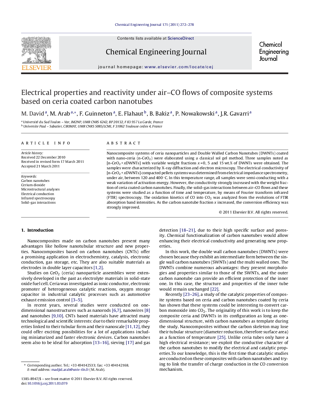 عکس صفحه اول مقاله: Electrical properties and reactivity under air–CO flows of composite systems based on ceria coated carbon nanotubes Electrical properties and reactivity under air–CO flows of composite systems based on ceria coated carbon nanotubes