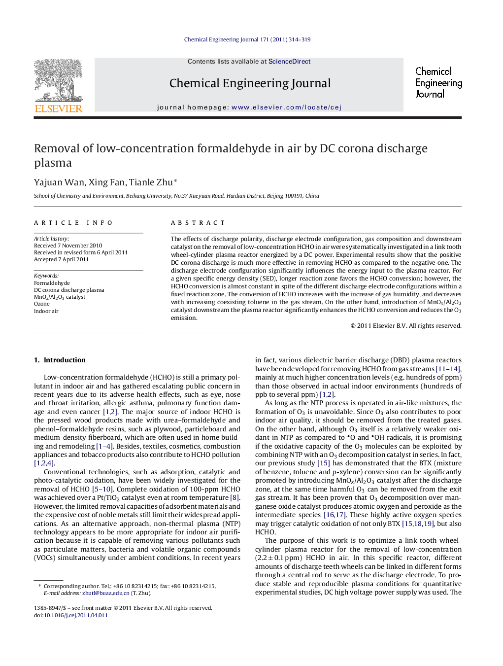 Removal of low-concentration formaldehyde in air by DC corona discharge plasma