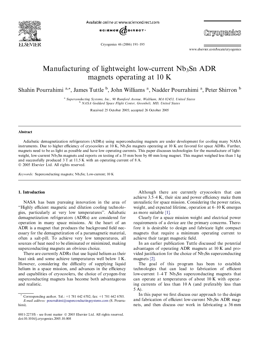 Manufacturing of lightweight low-current Nb3Sn ADR magnets operating at 10 K