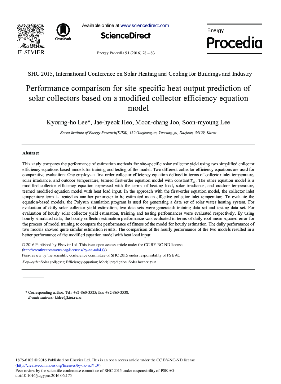 Performance Comparison for Site-specific Heat Output Prediction of Solar Collectors Based on a Modified Collector Efficiency Equation Model 