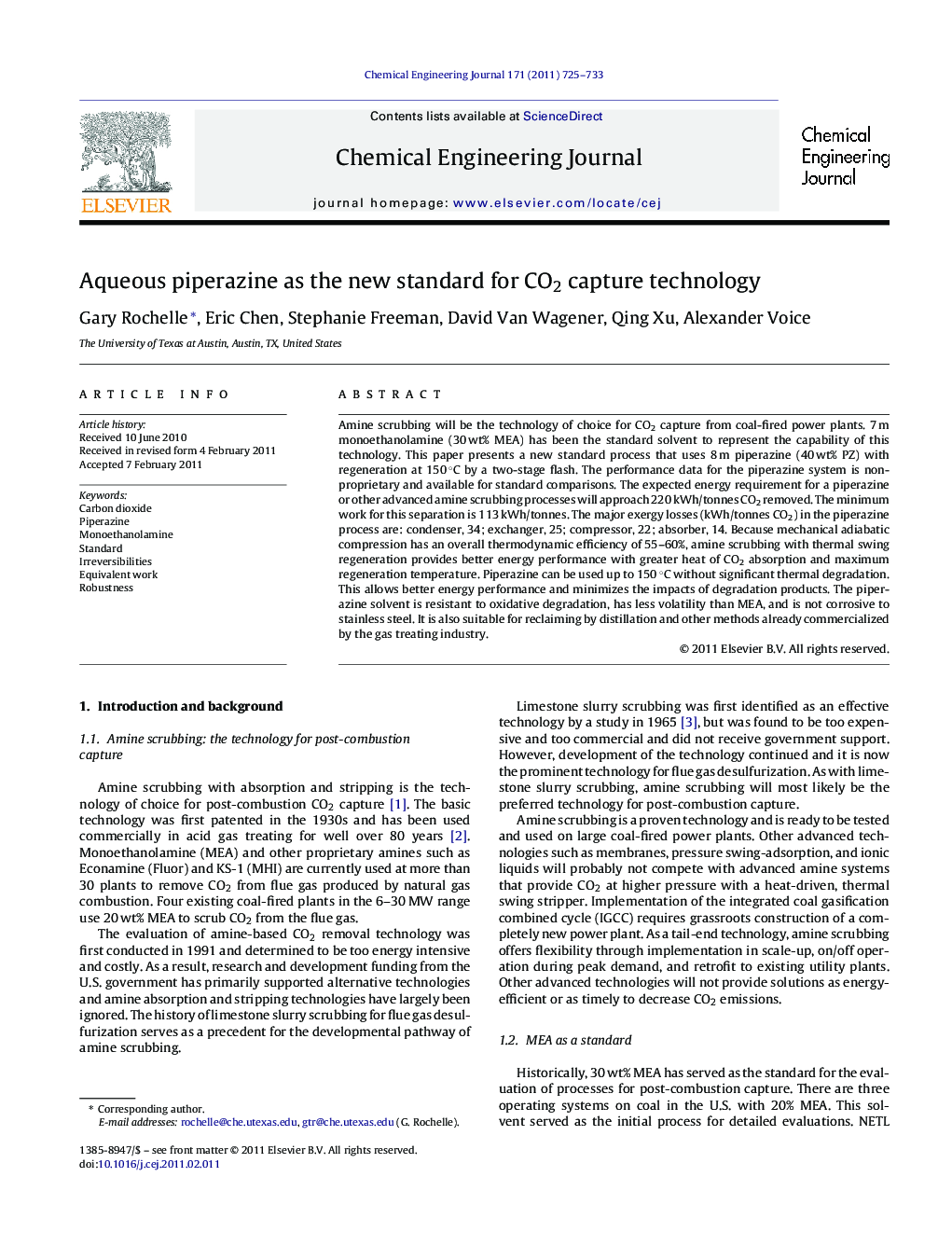 Aqueous piperazine as the new standard for CO2 capture technology