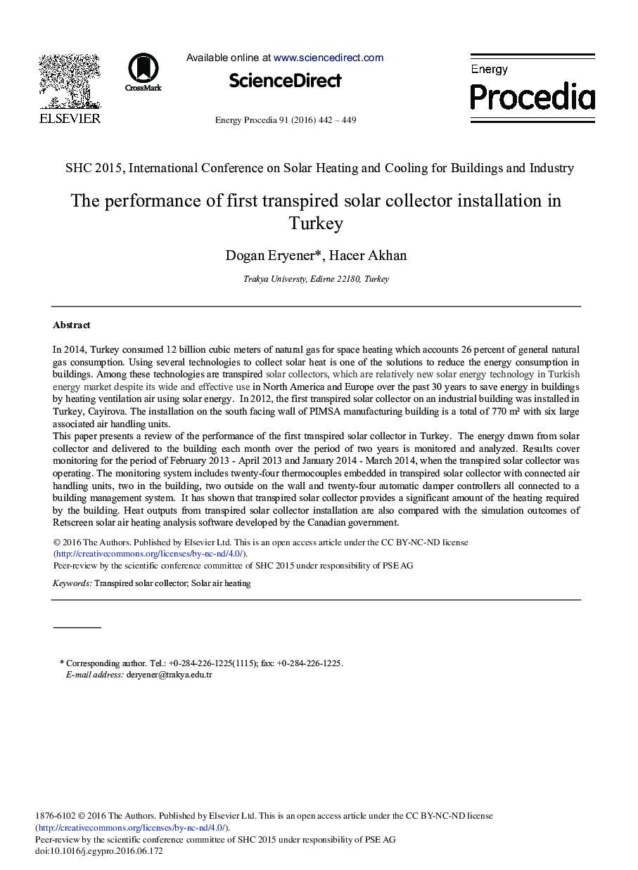 The Performance of First Transpired Solar Collector Installation in Turkey 