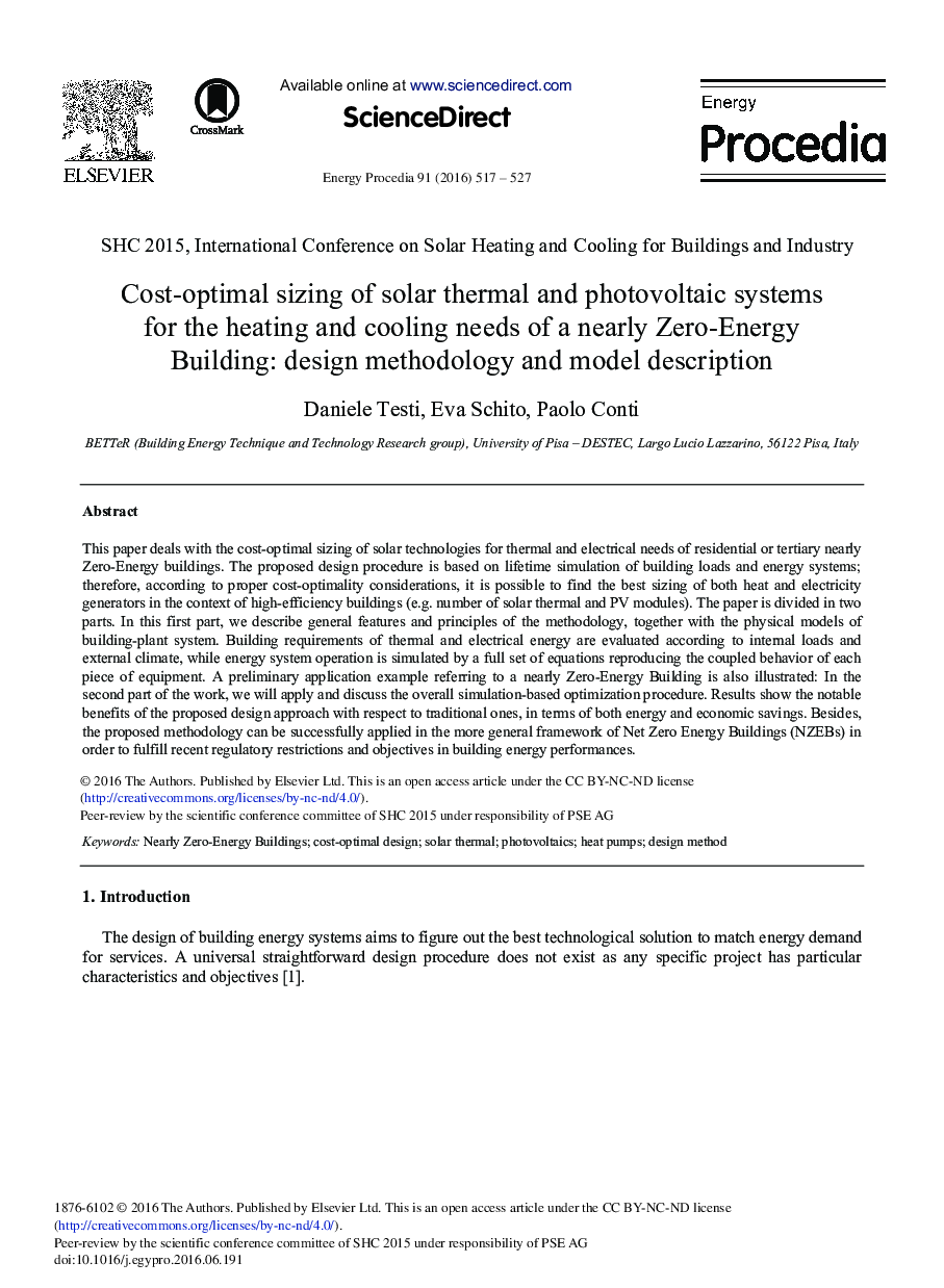 Cost-optimal Sizing of Solar Thermal and Photovoltaic Systems for the Heating and Cooling Needs of a Nearly Zero-energy Building: Design Methodology and Model Description 