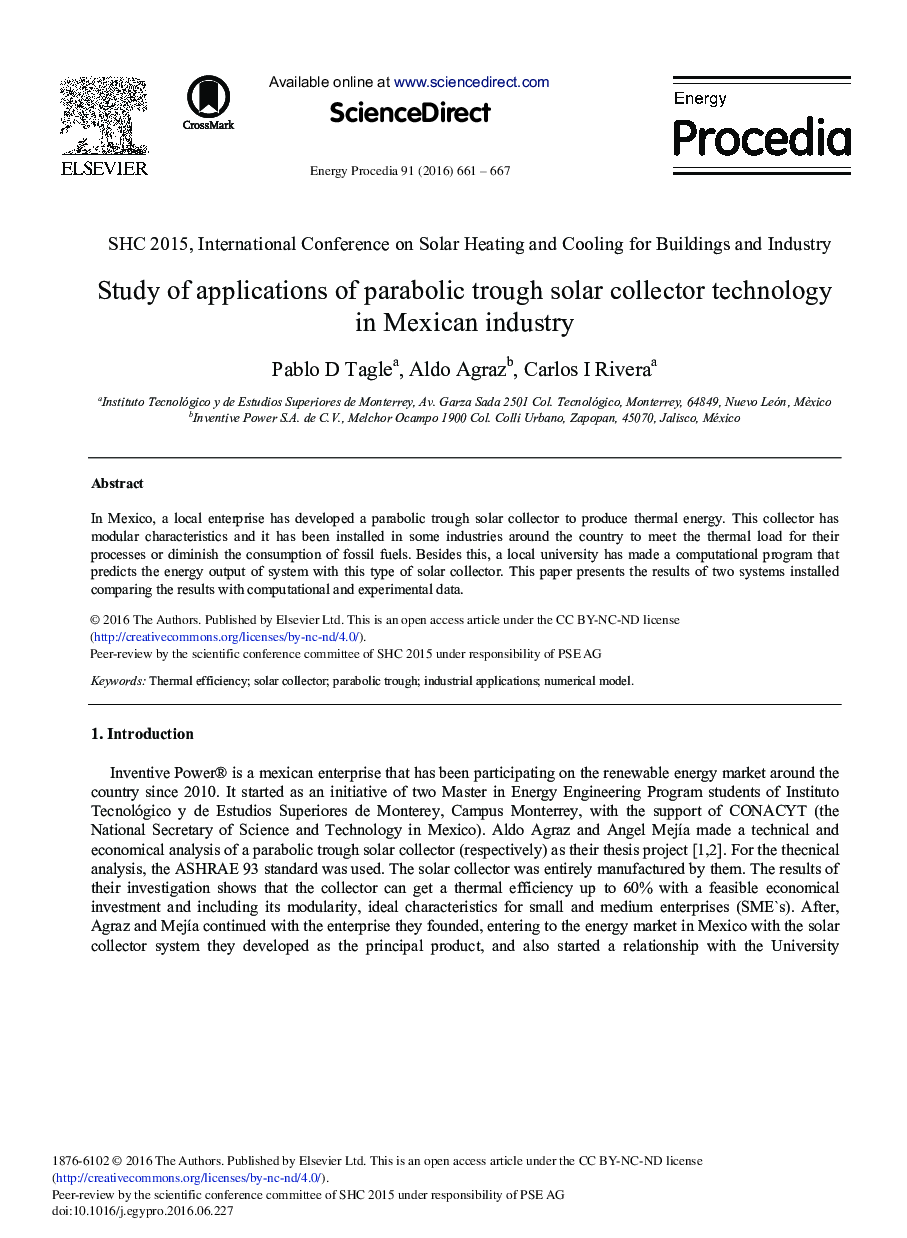 Study of Applications of Parabolic Trough Solar Collector Technology in Mexican Industry 