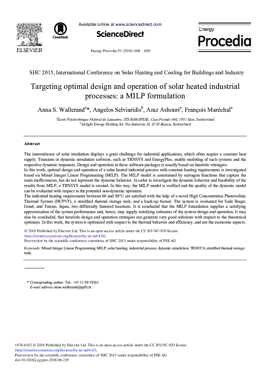 Targeting Optimal Design and Operation of Solar Heated Industrial Processes: A MILP Formulation 