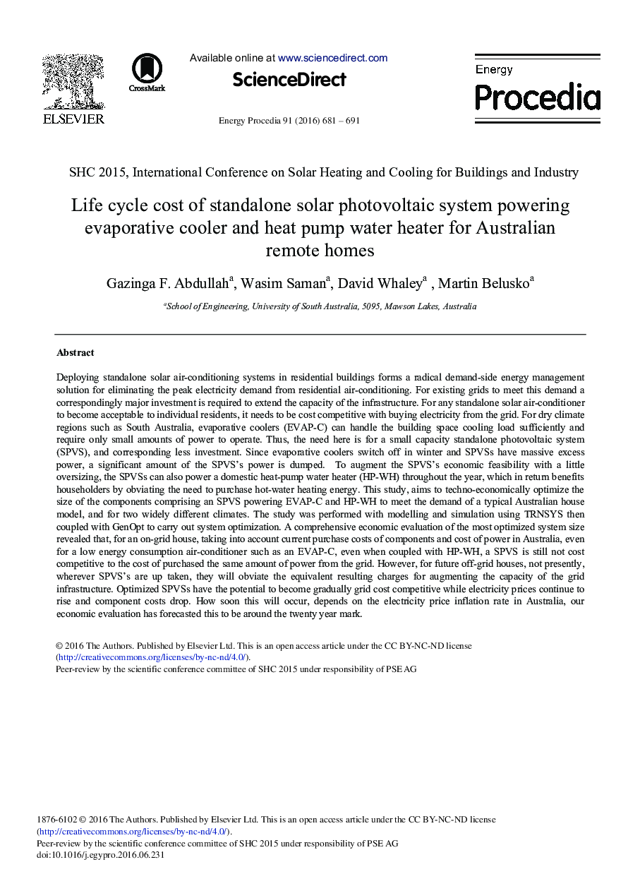 عکس صفحه اول مقاله: Life cycle Cost of Standalone Solar Photovoltaic System Powering Evaporative Cooler and Heat Pump Water Heater for Australian Remote Homes Life cycle Cost of Standalone Solar Photovoltaic System Powering Evaporative Cooler and Heat Pump Water Heater for Australian Remote Homes
