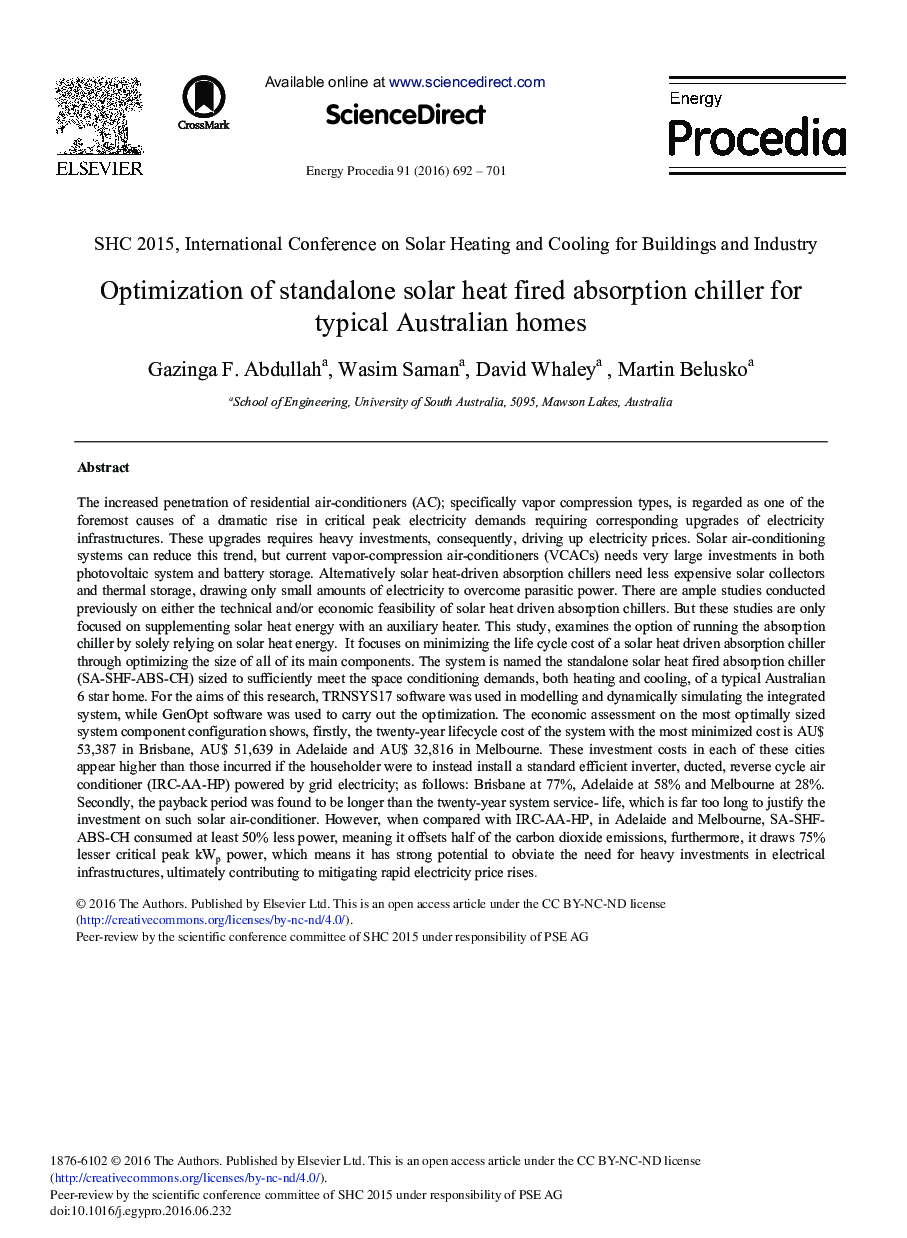 Optimization of Standalone Solar Heat Fired Absorption Chiller for Typical Australian Homes