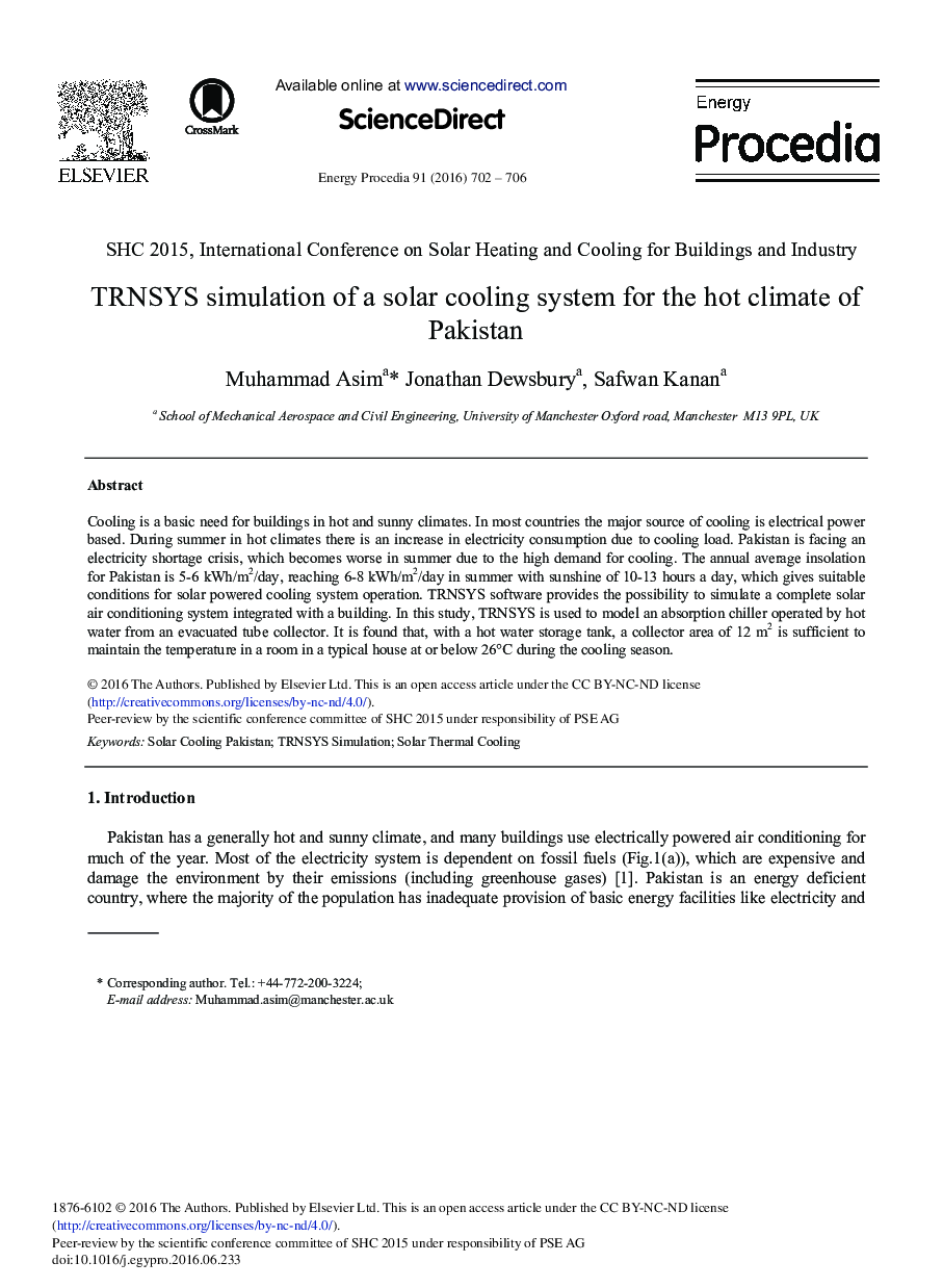 TRNSYS Simulation of a Solar Cooling System for the Hot Climate of Pakistan 