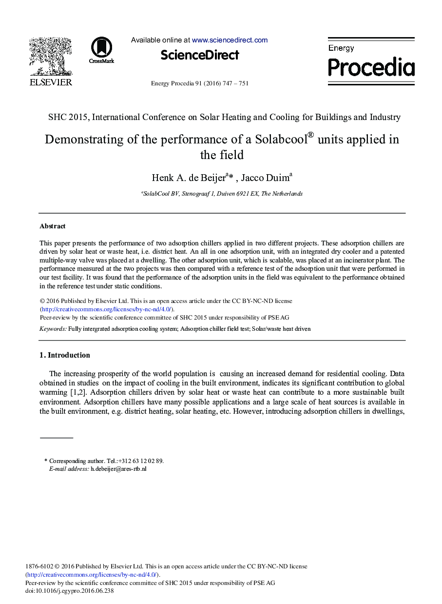 Demonstrating of the Performance of a Solabcool® Units Applied in the Field 