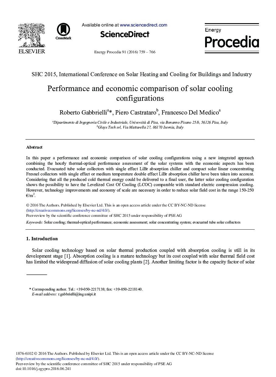 Performance and Economic Comparison of Solar Cooling Configurations 