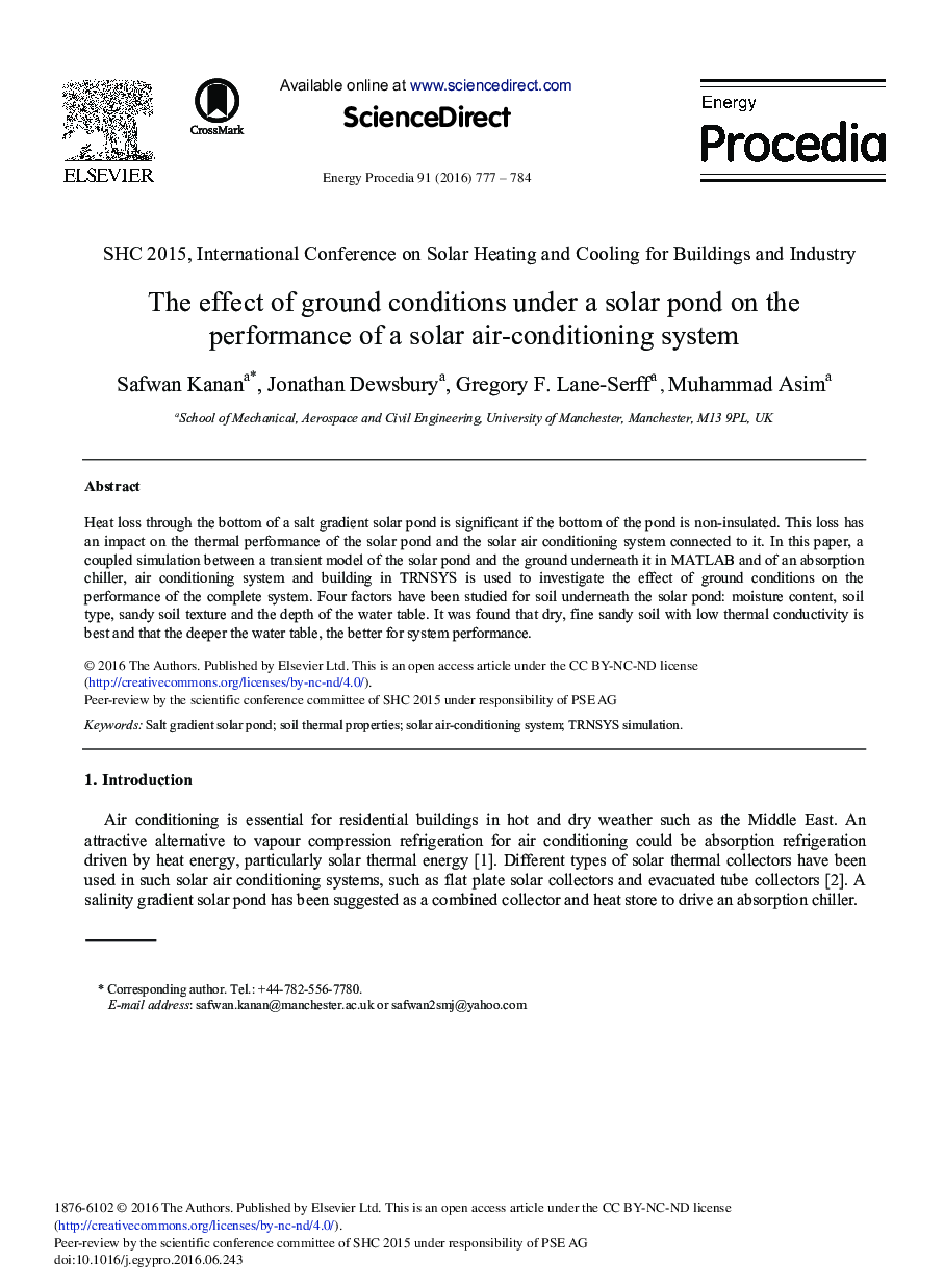 The Effect of Ground Conditions under a Solar Pond on the Performance of a Solar Air-conditioning System 