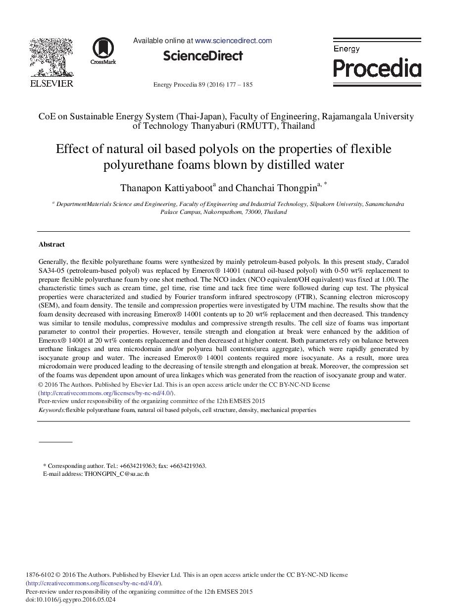 Effect of Natural Oil Based Polyols on the Properties of Flexible Polyurethane Foams Blown by Distilled Water 