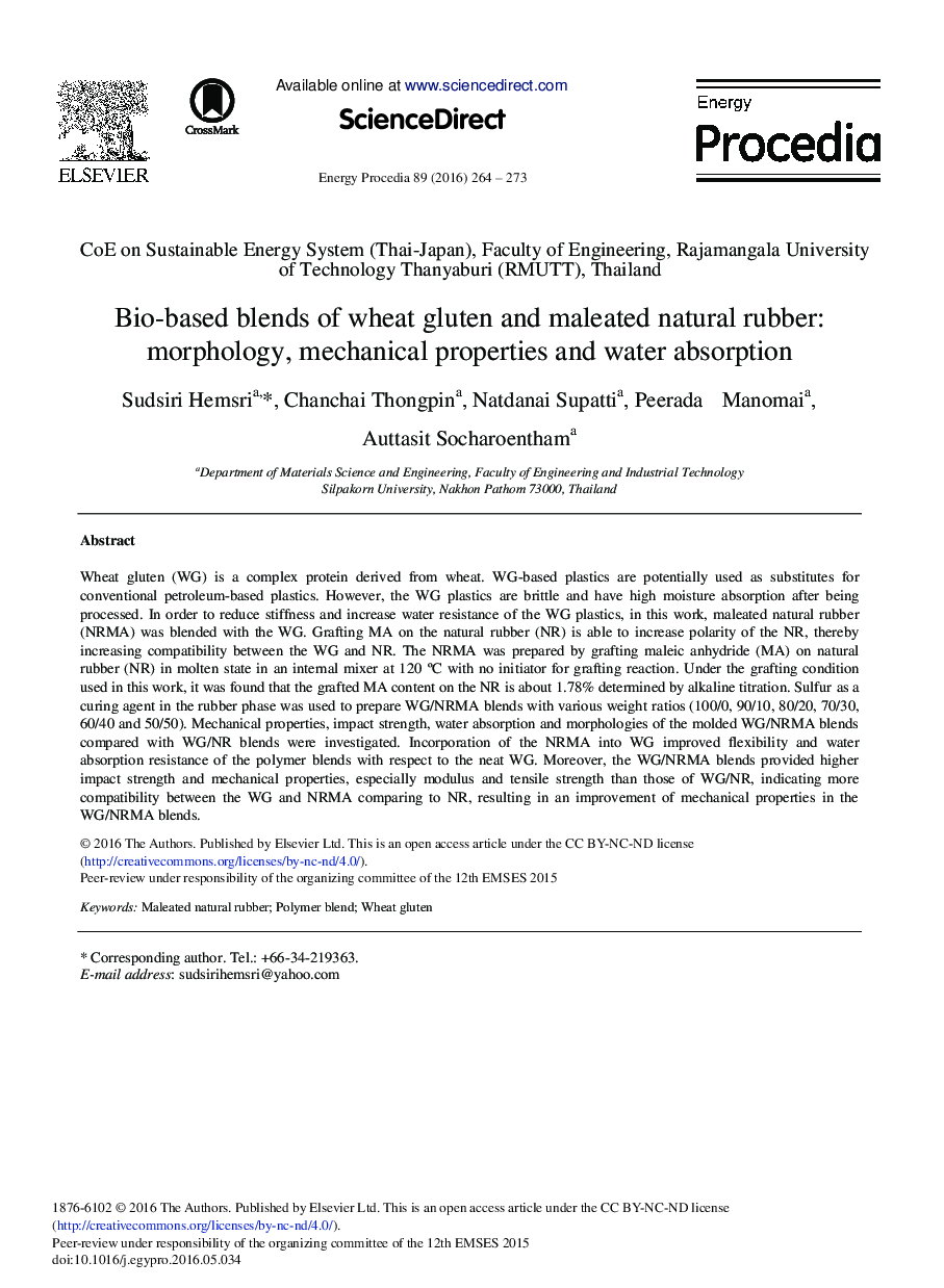 Bio-based Blends of Wheat Gluten and Maleated Natural Rubber: Morphology, Mechanical Properties and Water Absorption 