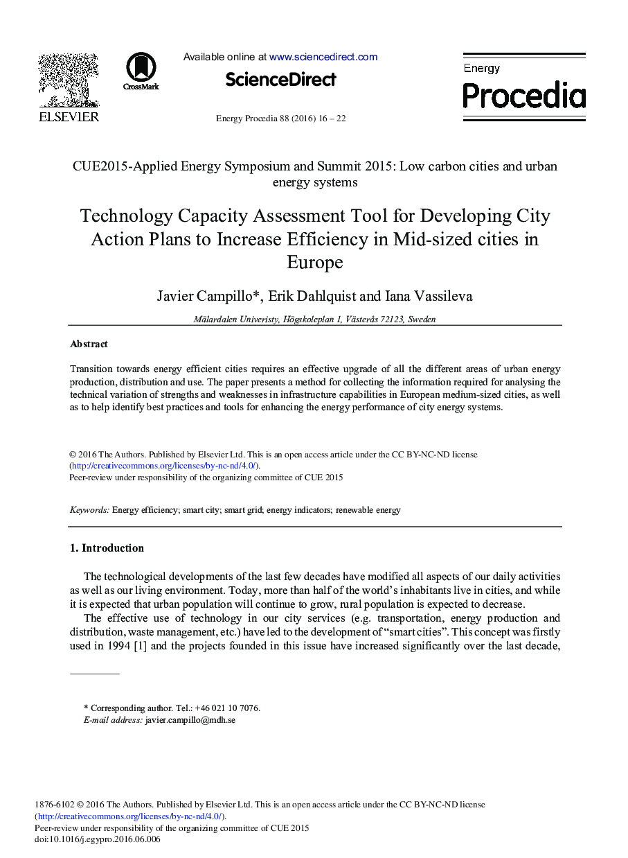 Technology Capacity Assessment Tool for Developing City Action Plans to Increase Efficiency in Mid-sized Cities in Europe 