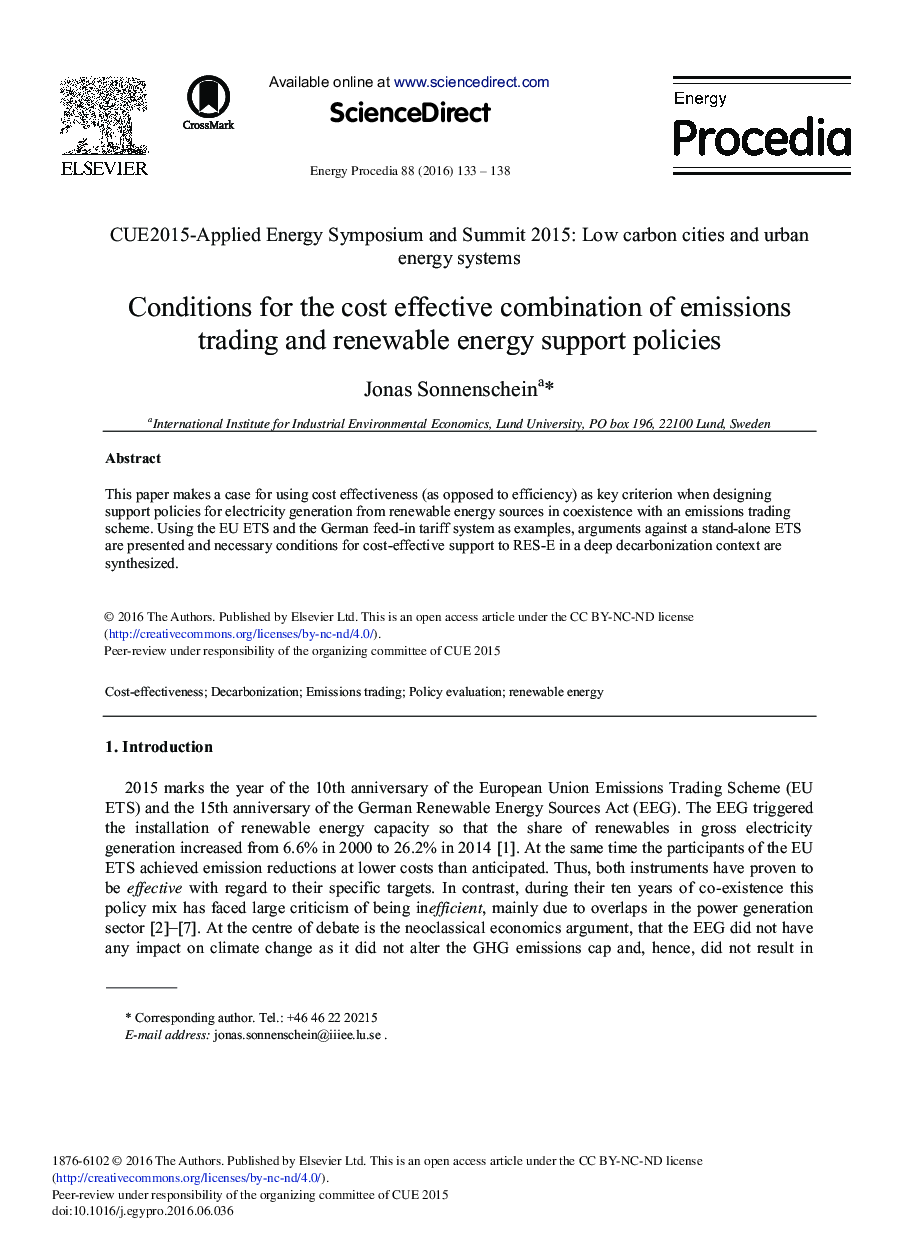 Conditions for the Cost Effective Combination of Emissions Trading and Renewable Energy Support Policies 