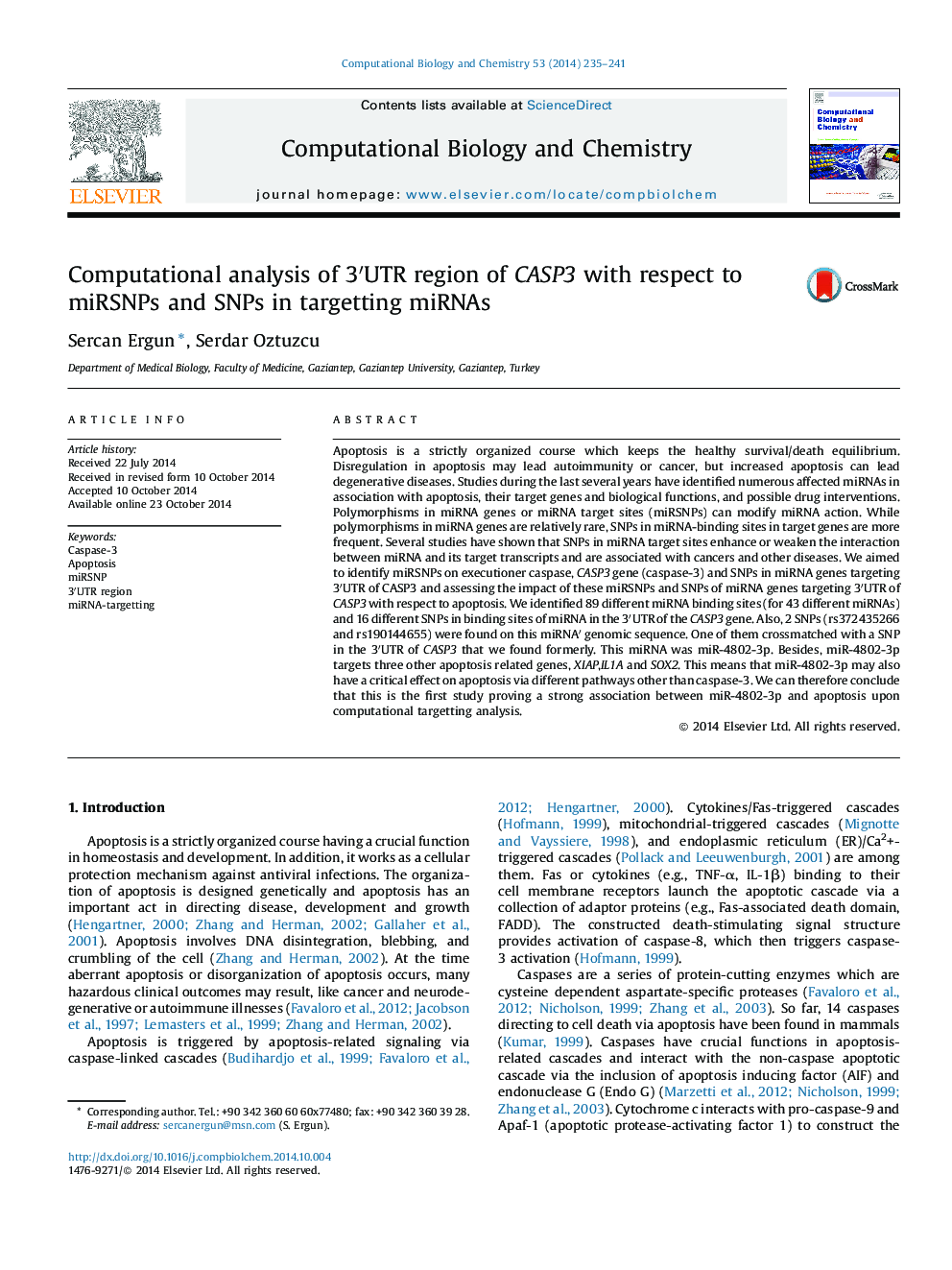 Computational analysis of 3′UTR region of CASP3 with respect to miRSNPs and SNPs in targetting miRNAs