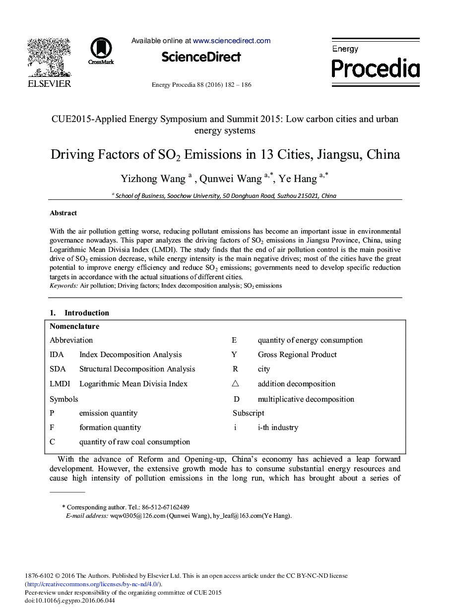 Driving Factors of SO2 Emissions in 13 Cities, Jiangsu, China 