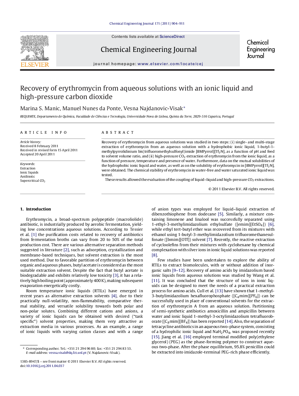 Recovery of erythromycin from aqueous solutions with an ionic liquid and high-pressure carbon dioxide