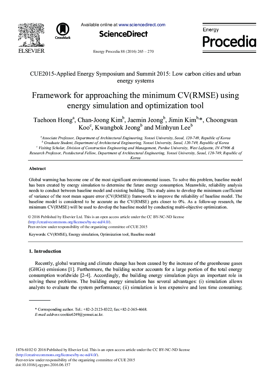 Framework for Approaching the Minimum CV(RMSE) using Energy Simulation and Optimization Tool 
