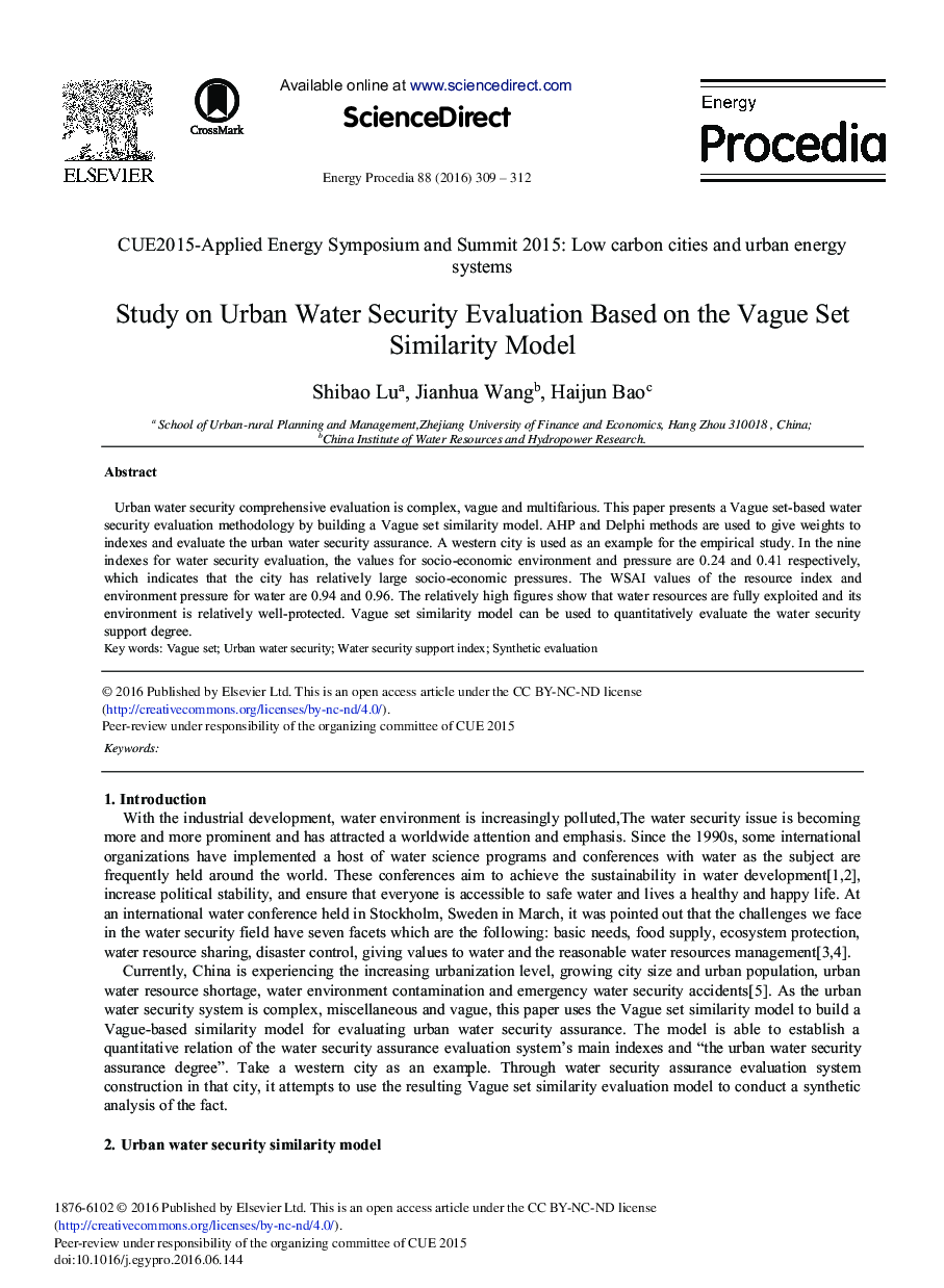 Study on Urban Water Security Evaluation Based on the Vague Set Similarity Model 