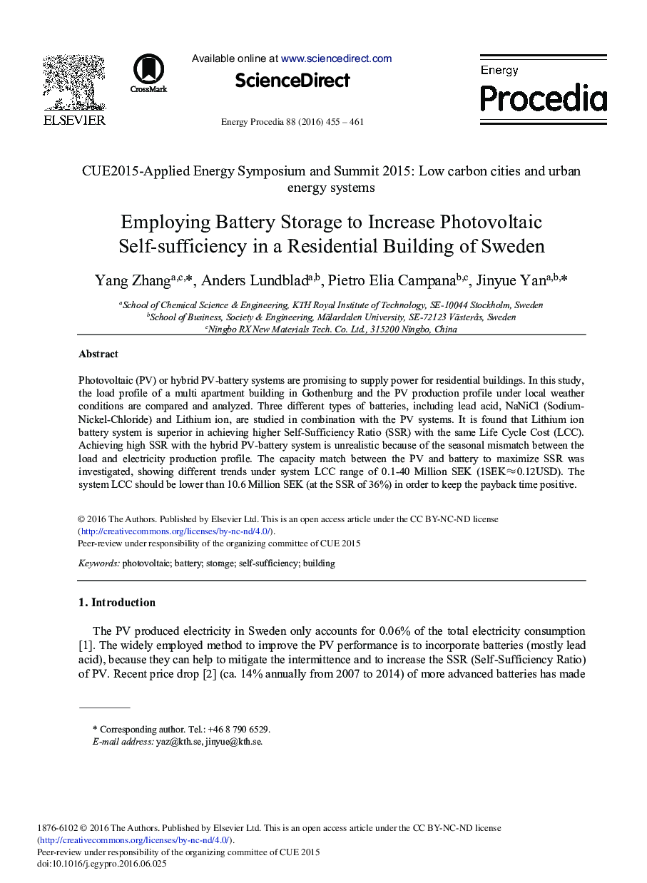 Employing Battery Storage to Increase Photovoltaic Self-sufficiency in a Residential Building of Sweden 