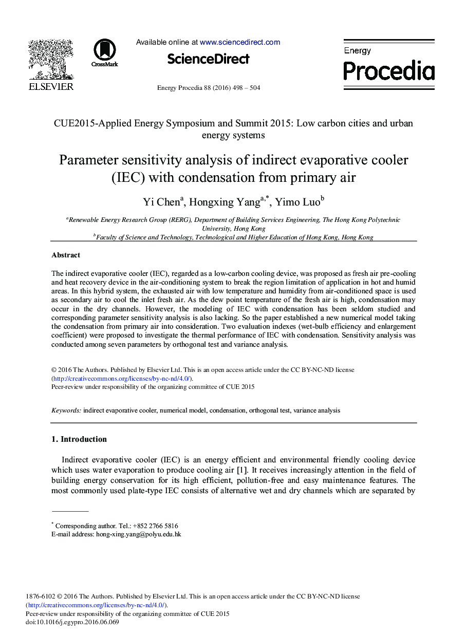 Parameter Sensitivity Analysis of Indirect Evaporative Cooler (IEC) with Condensation from Primary Air 